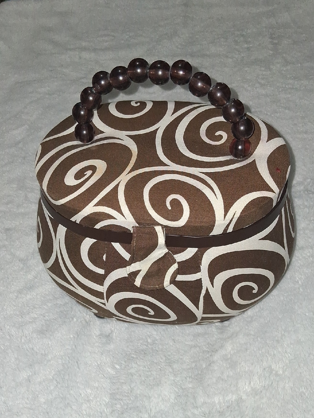 Brown & White Swirl Sewing Box with Beaded Handle